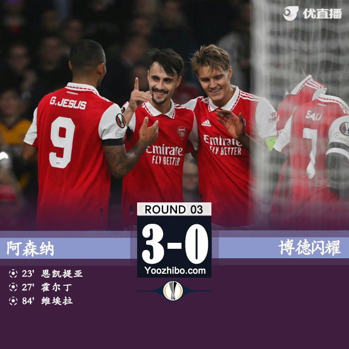 阿森纳3-0博德闪耀 热苏斯精彩助攻法比奥-维埃拉传射