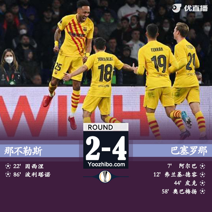 巴萨5-3那不勒斯 特劳雷两助阿尔巴德容奥巴破门 进16强